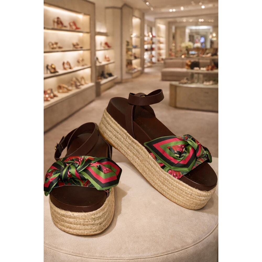 Farm Rio Marsala Platform Sandals Scarf Accent Raffia Leather Size 8 EU 39 NWT